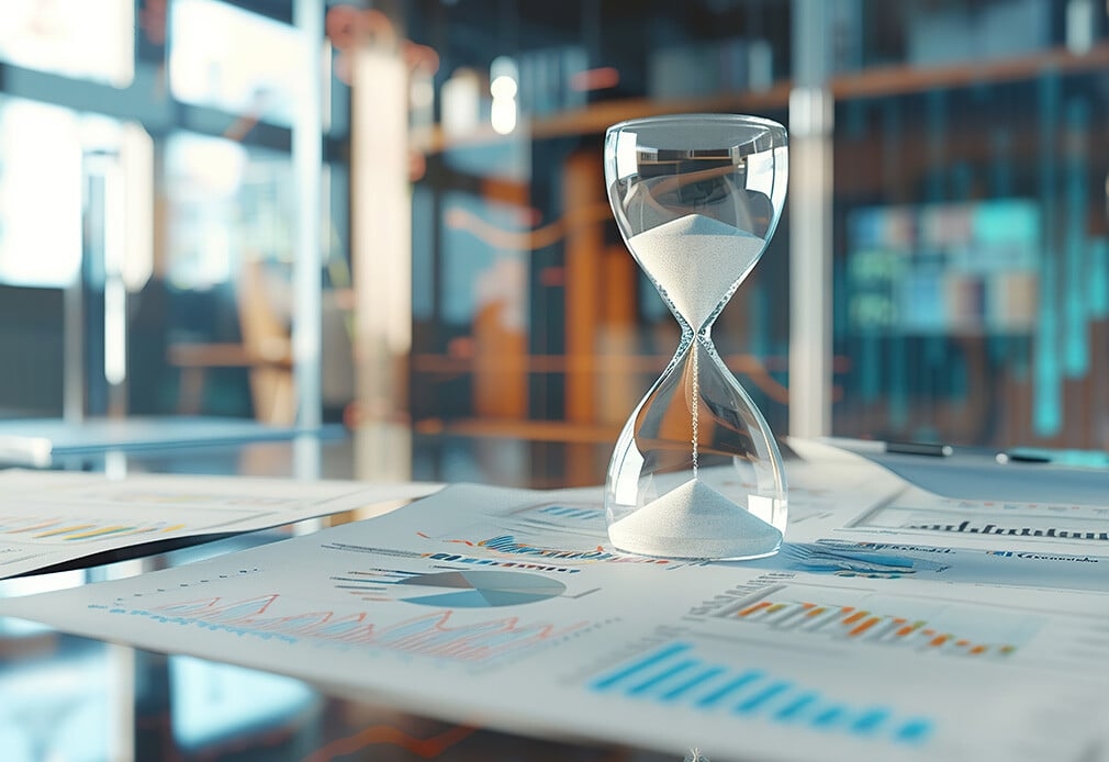 Eine Sanduhr die auf einem Schreibtisch auf Unterlagen mit Grafiken und Diagrammen steht.