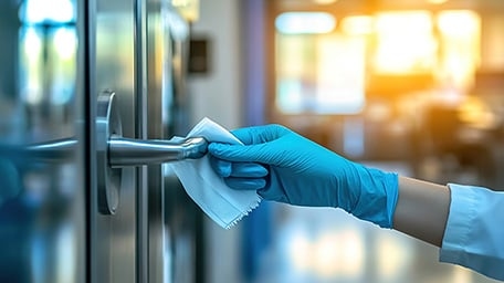 Eine Hand mit einem Handschutz, die eine Türklinke mit einem Tuch abwischt.
