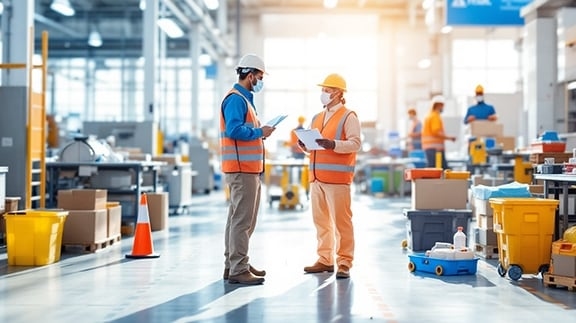 Zwei Männer mit Warnwesten, Schutzhelm und Mundschutz in einer Lagerhalle.