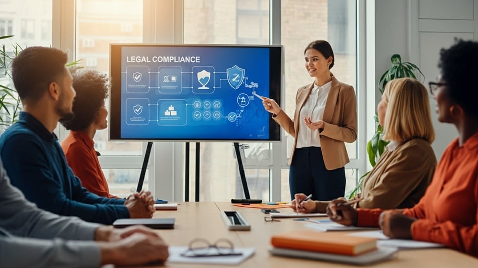Eine Frau vor einem Monitor die einer Gruppe von Menschen die Legal Compliance Grundlagen näherbringt