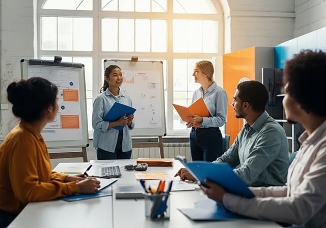 Eine Gruppe von Menschen in einem Büo vor Flipcharts mit Unterlagen in der Hand