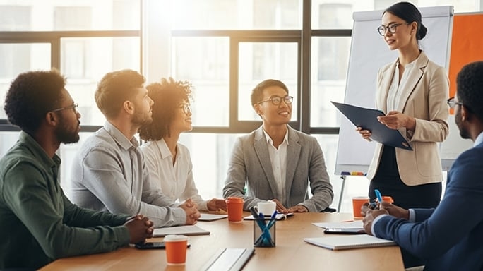 Eine Gruppe von Menschen die an einem Tisch sitzen und einer Frau zuhören, die eine Mappe in der Hand hat.
