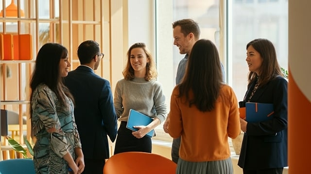 Eine Gruppe von Menschen die sich miteinander unterhalten in einer entspannten Büro-Atmosphäre.
