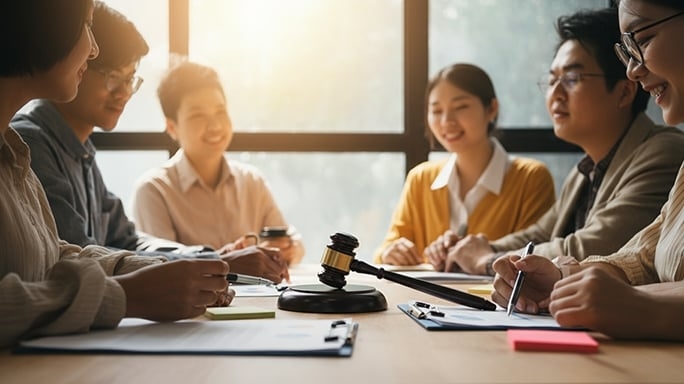 Eine Gruppe von asiatischen Menschen die an einem Tisch sitzt und in der Mitte ist ein Richter-Hammer.